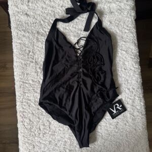 Venice Rani Swimwear Black Halter Lace Up Low Back One Piece Swimsuit Small NWT